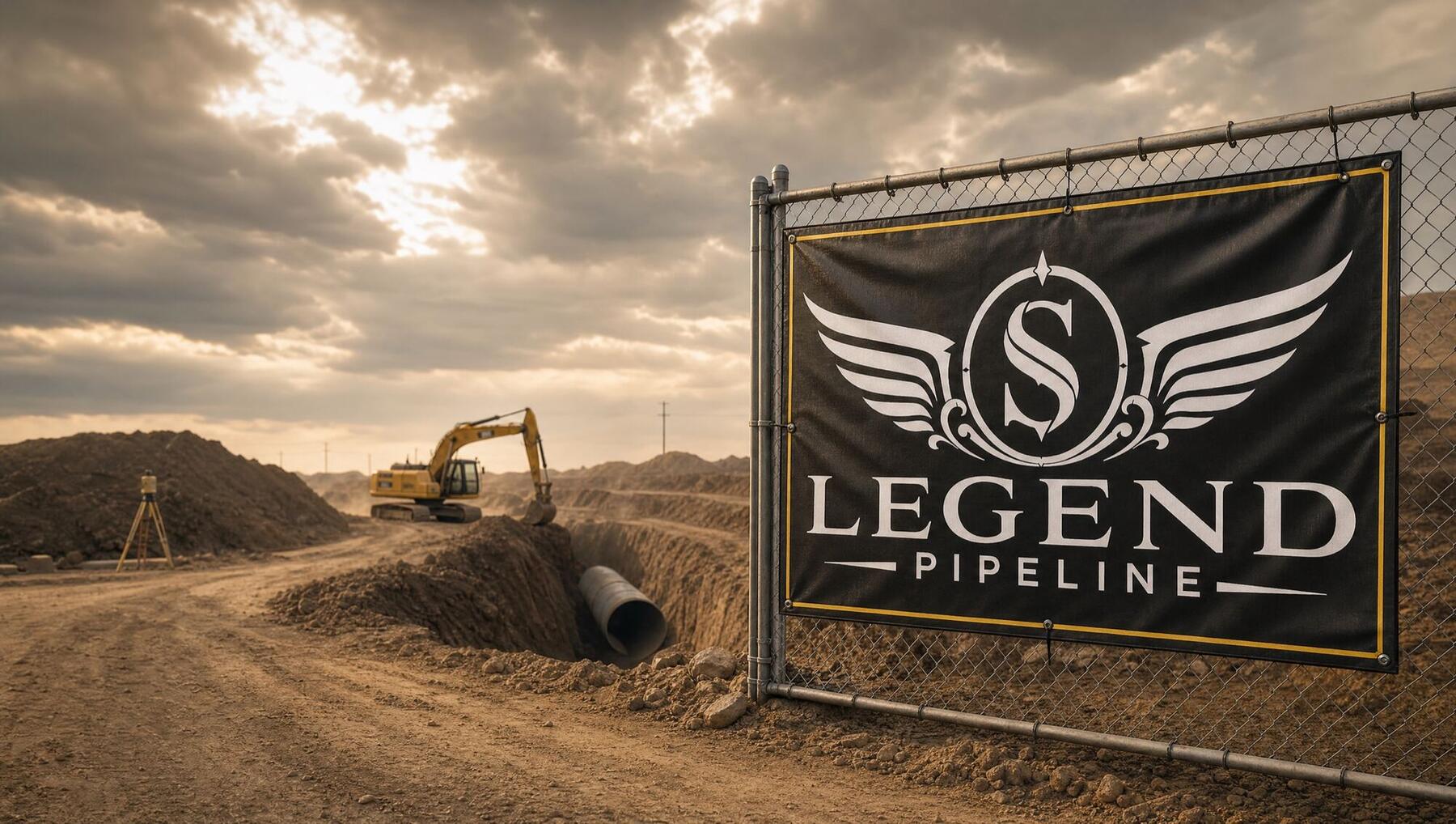 Illustrative cinematic hero photo — jobsite entrance banner displaying the Legend Pipeline logo on a chain-link fence, trench and excavator in the distance (AI-generated placeholder, not an actual Legend Pipeline jobsite)