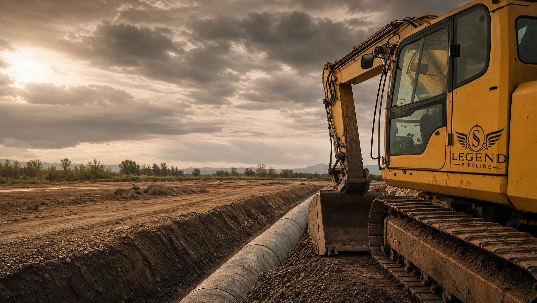 Illustrative cinematic hero photo — excavator with the Legend Pipeline logo decaled on the cab door, beside a trench with storm drain pipe (AI-generated placeholder, not an actual Legend Pipeline jobsite)