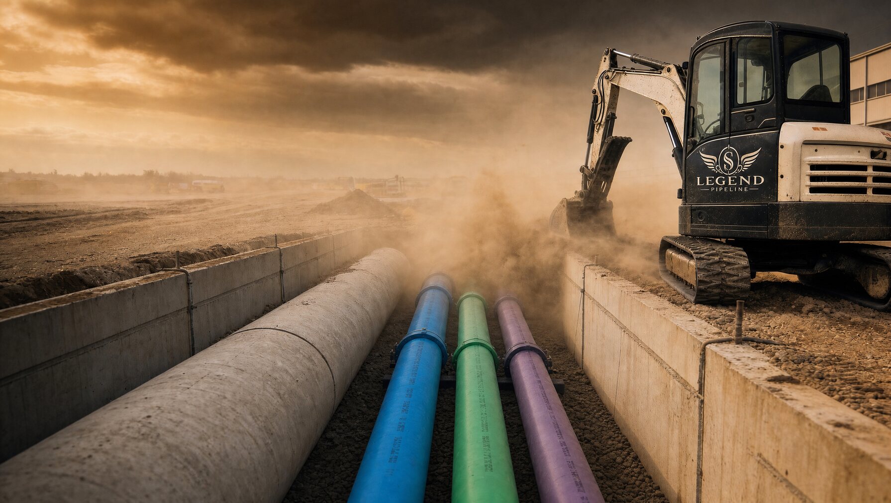 Illustrative cinematic hero photo — concrete storm drain pipe alongside blue, green, and purple utility lines in a shored trench at dusk, excavator with the Legend Pipeline logo in the distance (AI-generated placeholder, not an actual Legend Pipeline jobsite)